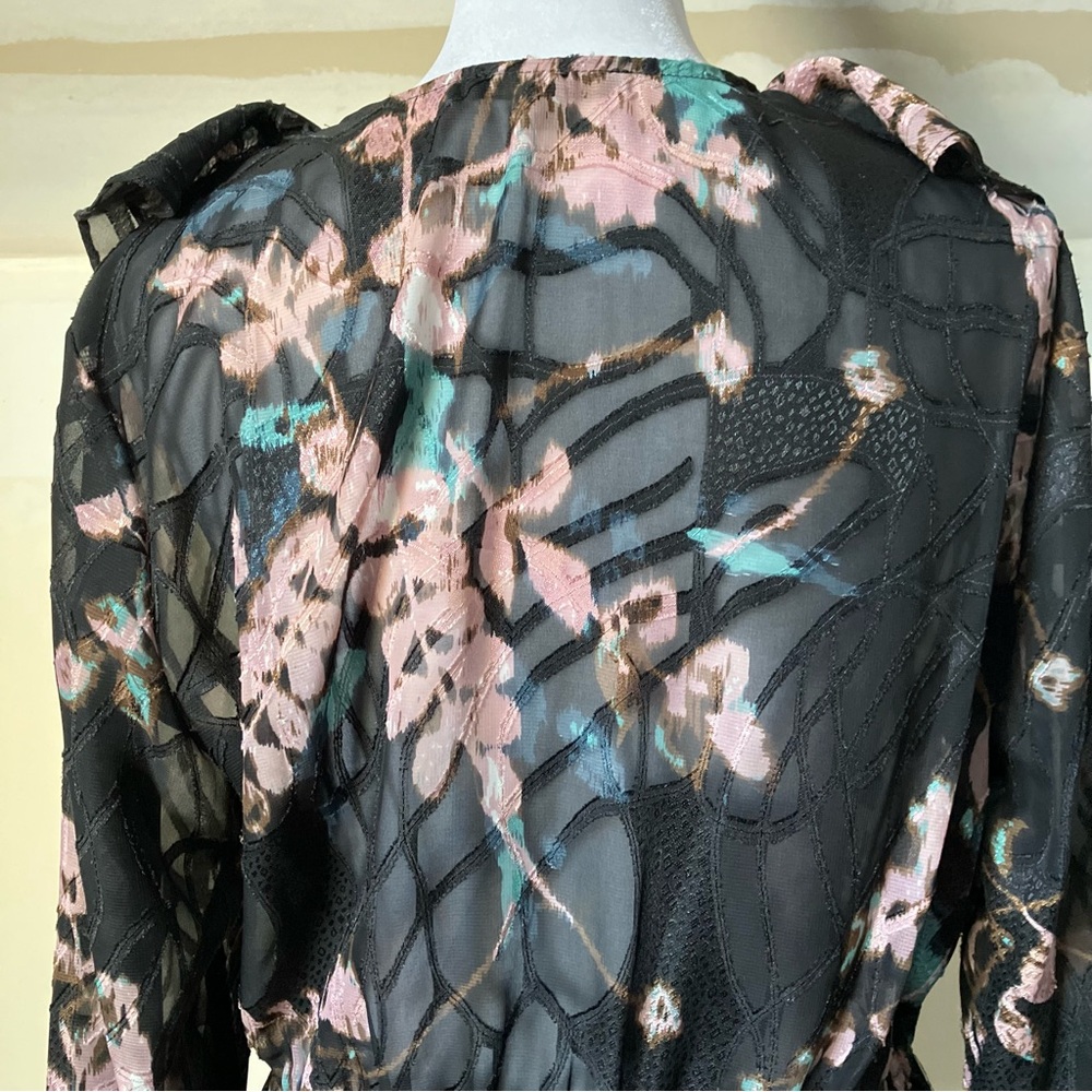 Alberto Makali Black Sheer Long Bell Sleeves Floral V Neck Blouse size Medium - Picture 7 of 10